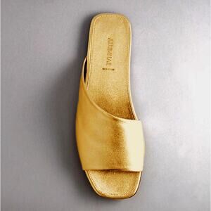Alumnae NYC Nappa Leather Asymmetric Slides in Gold Bronze, Size 41